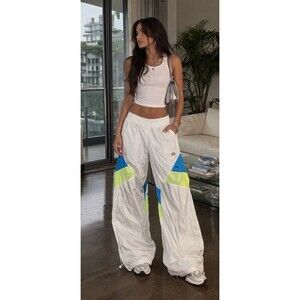 Champion Nylon Warm Up‎ Wide Leg Pants White Blue Neon Sporty Track Y2K Womens S